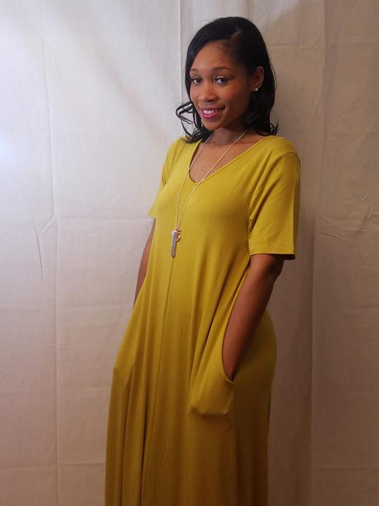 Ms. Love Dress (V-NECK SHORT SLEEVE MAXI DRESS WITH SIDE POCKETS)