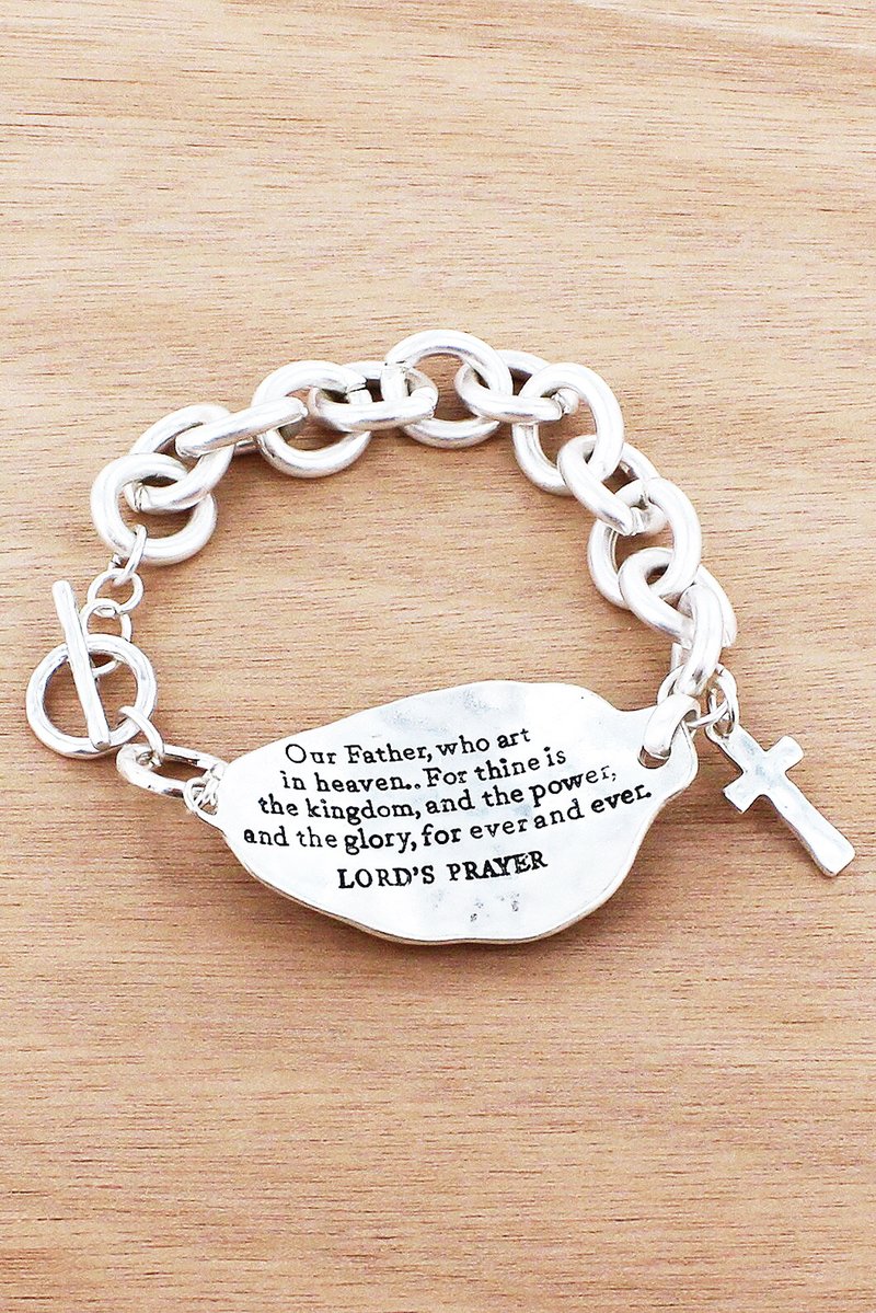 WORN TWO-TONE 'LORD'S PRAYER' CROSS ACCENTED SPOON TOGGLE BRACELET