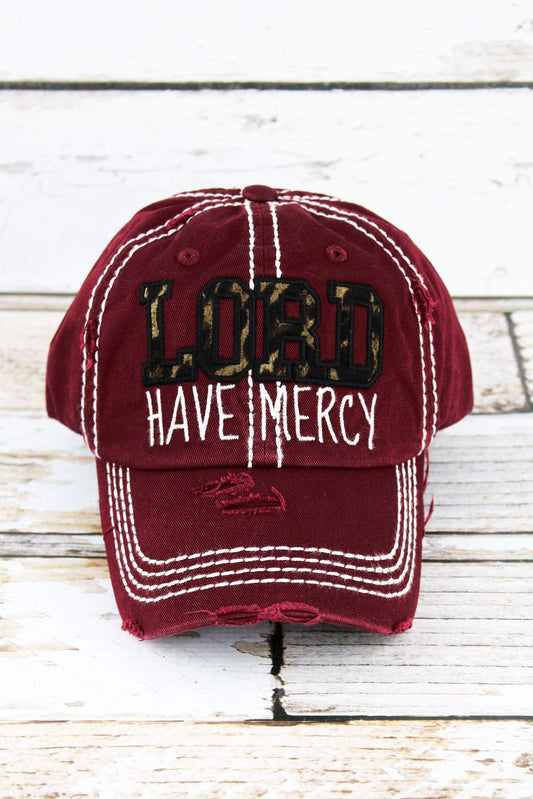 DISTRESSED BURGUNDY WITH LEOPARD 'LORD HAVE MERCY' CAP
