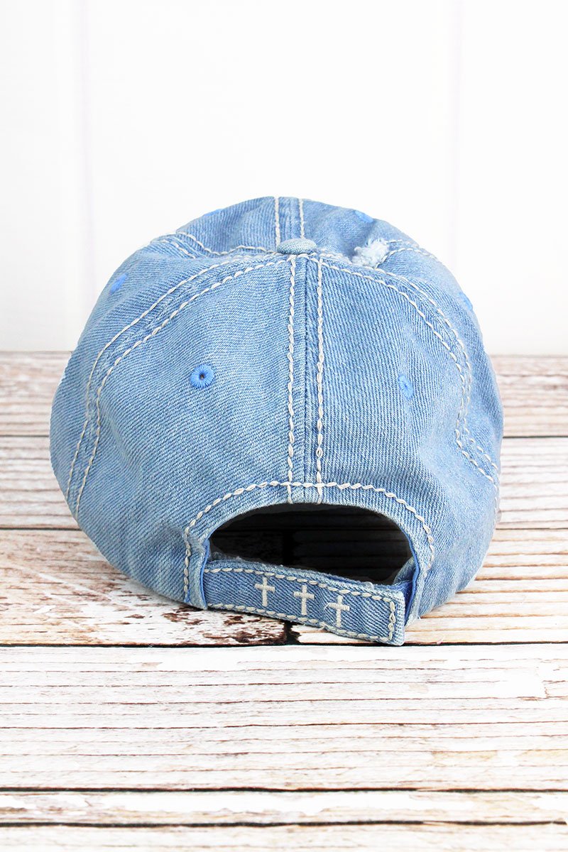 DISTRESSED LIGHT WASH DENIM 'THE JESUS IN ME' CAP