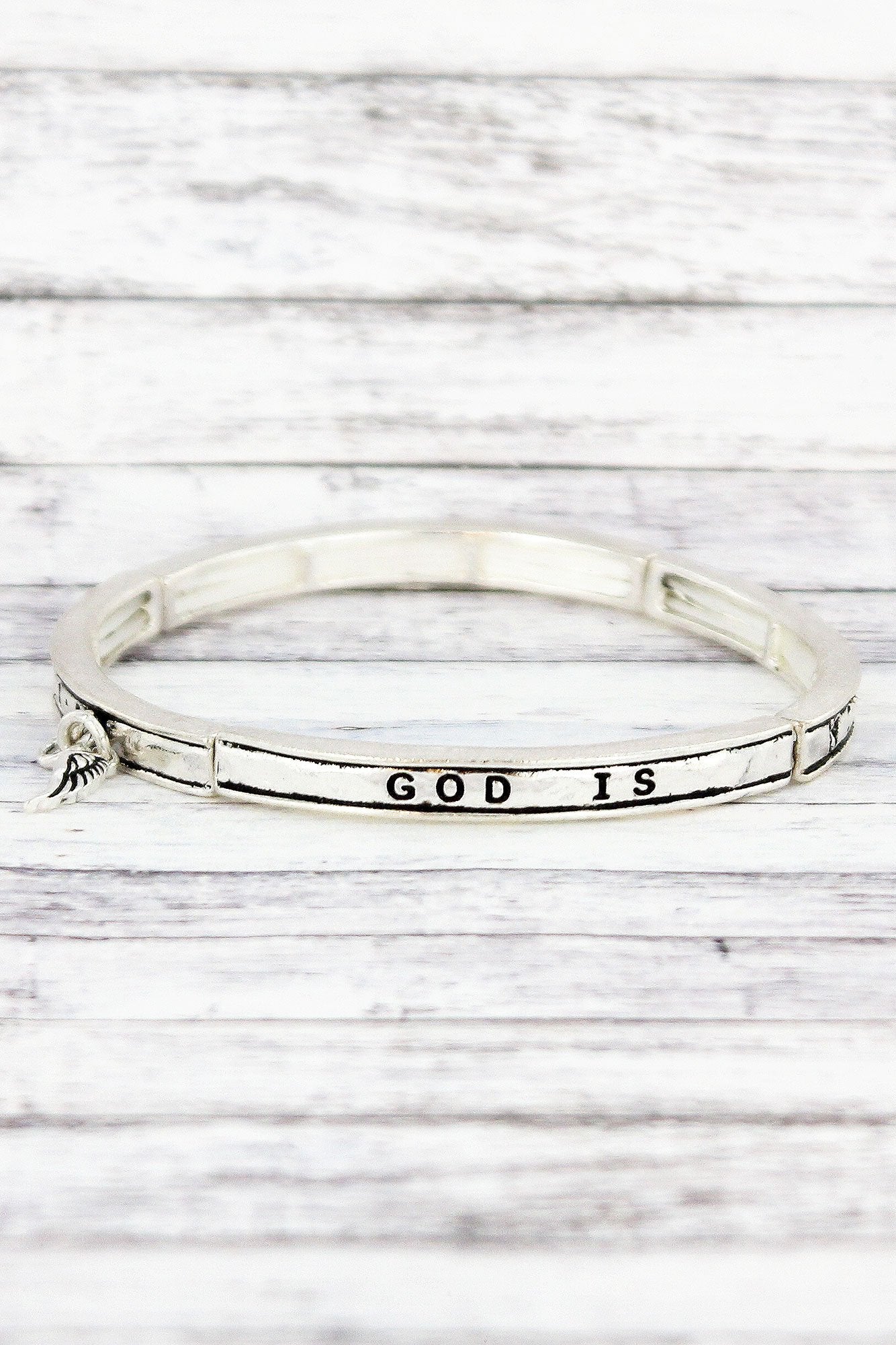 SILVERTONE 'GOD IS WITHIN HER' STRETCH BRACELET WITH CHARM