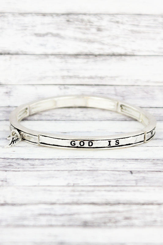 SILVERTONE 'GOD IS WITHIN HER' STRETCH BRACELET WITH CHARM