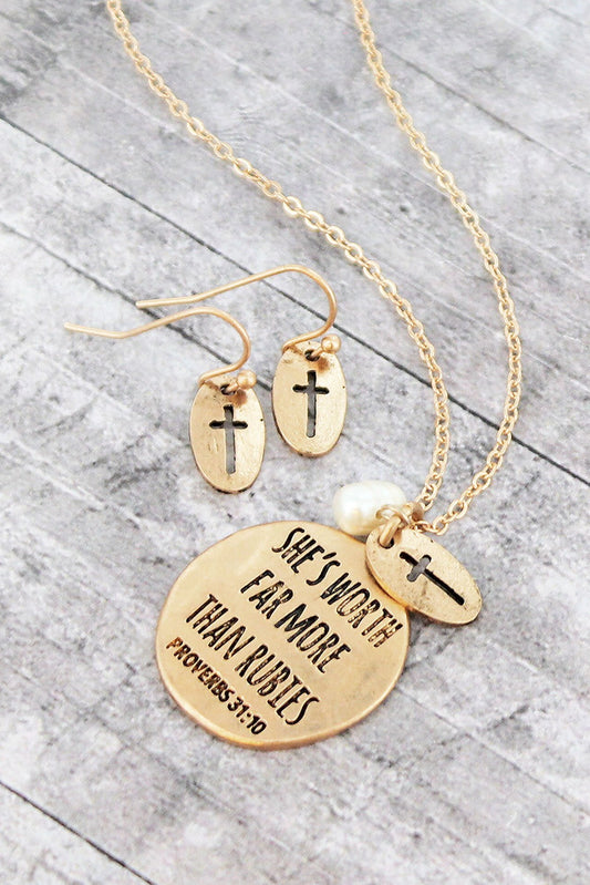 WORN GOLDTONE 'SHE'S WORTH FAR MORE' NECKLACE AND EARRING SET