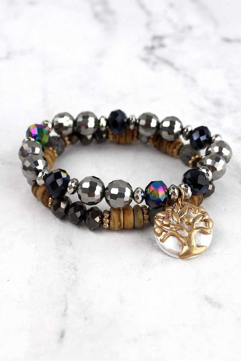 TREE OF LIFE CHARM BLACK MIXED BEAD BRACELET SET