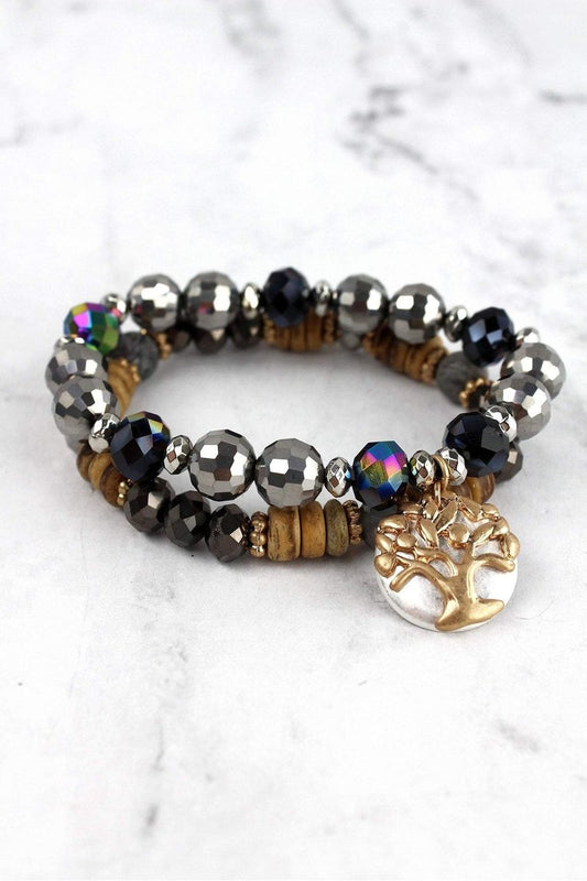 TREE OF LIFE CHARM BLACK MIXED BEAD BRACELET SET