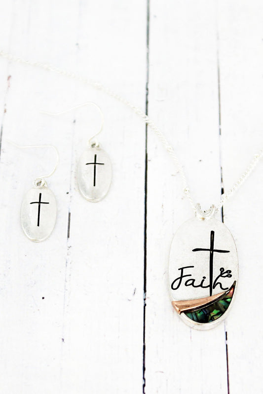 WORN SILVERTONE AND ABALONE 'FAITH' NECKLACE AND EARRING SET