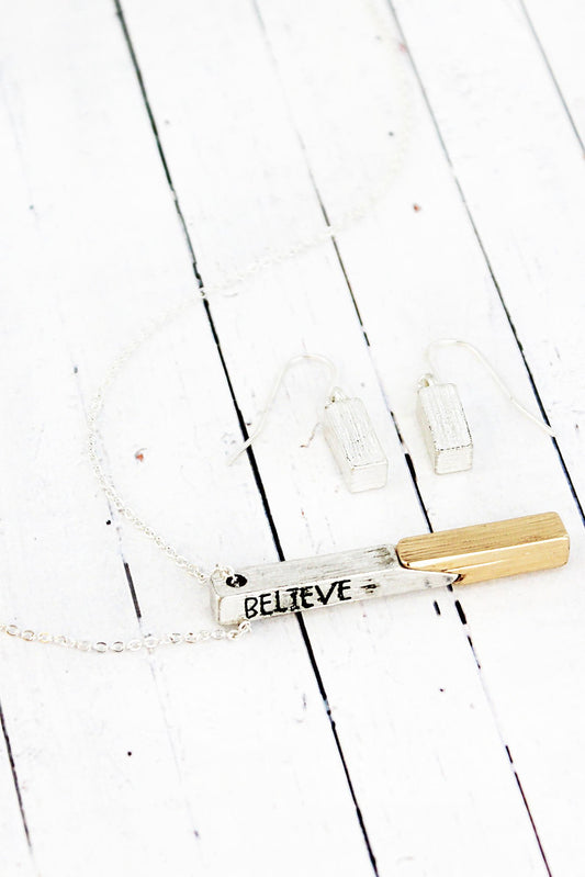 SILVERTONE WITH GOLDTONE 'BELIEVE' BAR PENDANT NECKLACE AND EARRING SET