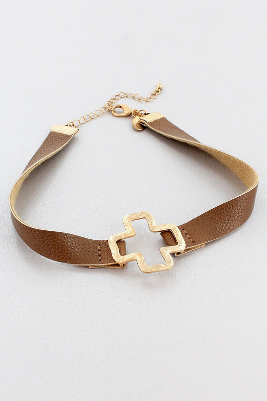 Brown Faux Leather and Worn Goldtone Square Cross Choker