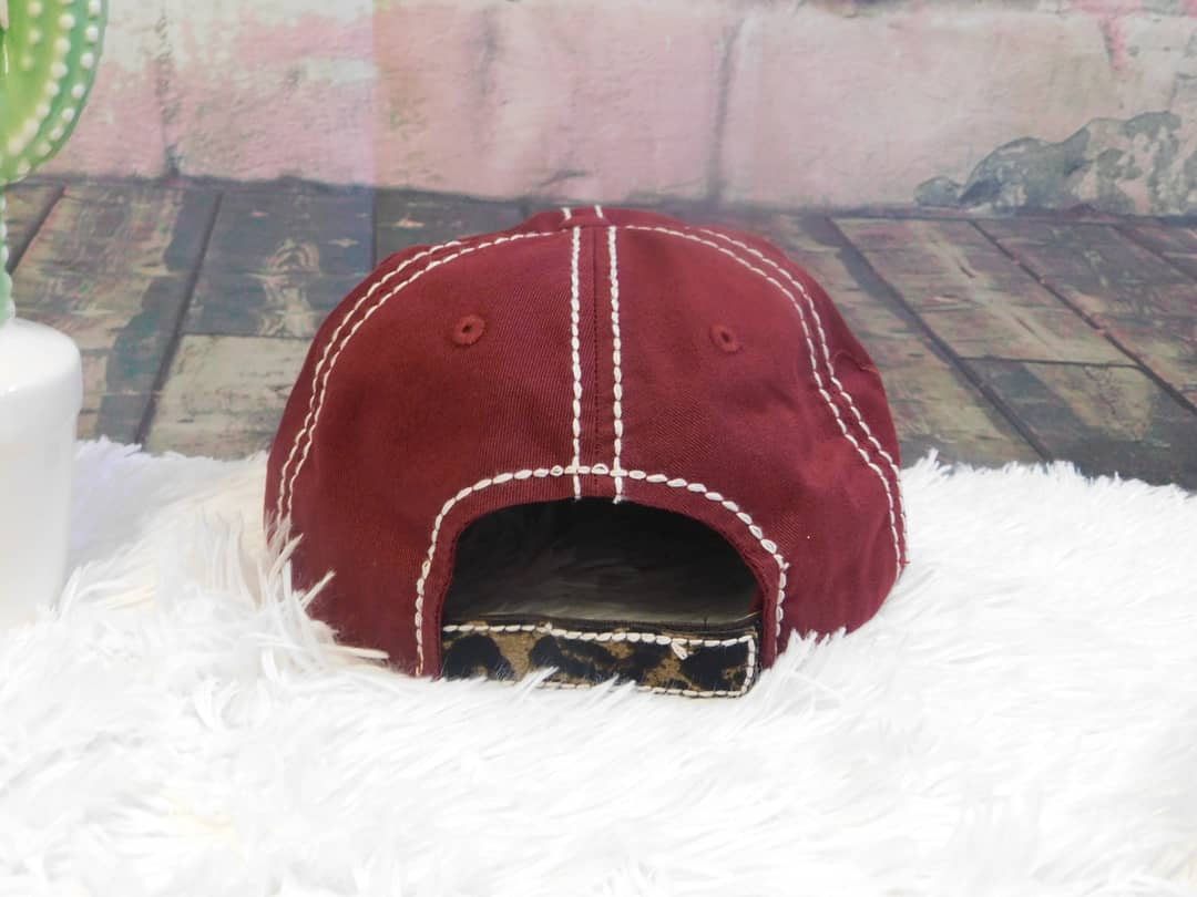 DISTRESSED BURGUNDY WITH LEOPARD 'LORD HAVE MERCY' CAP
