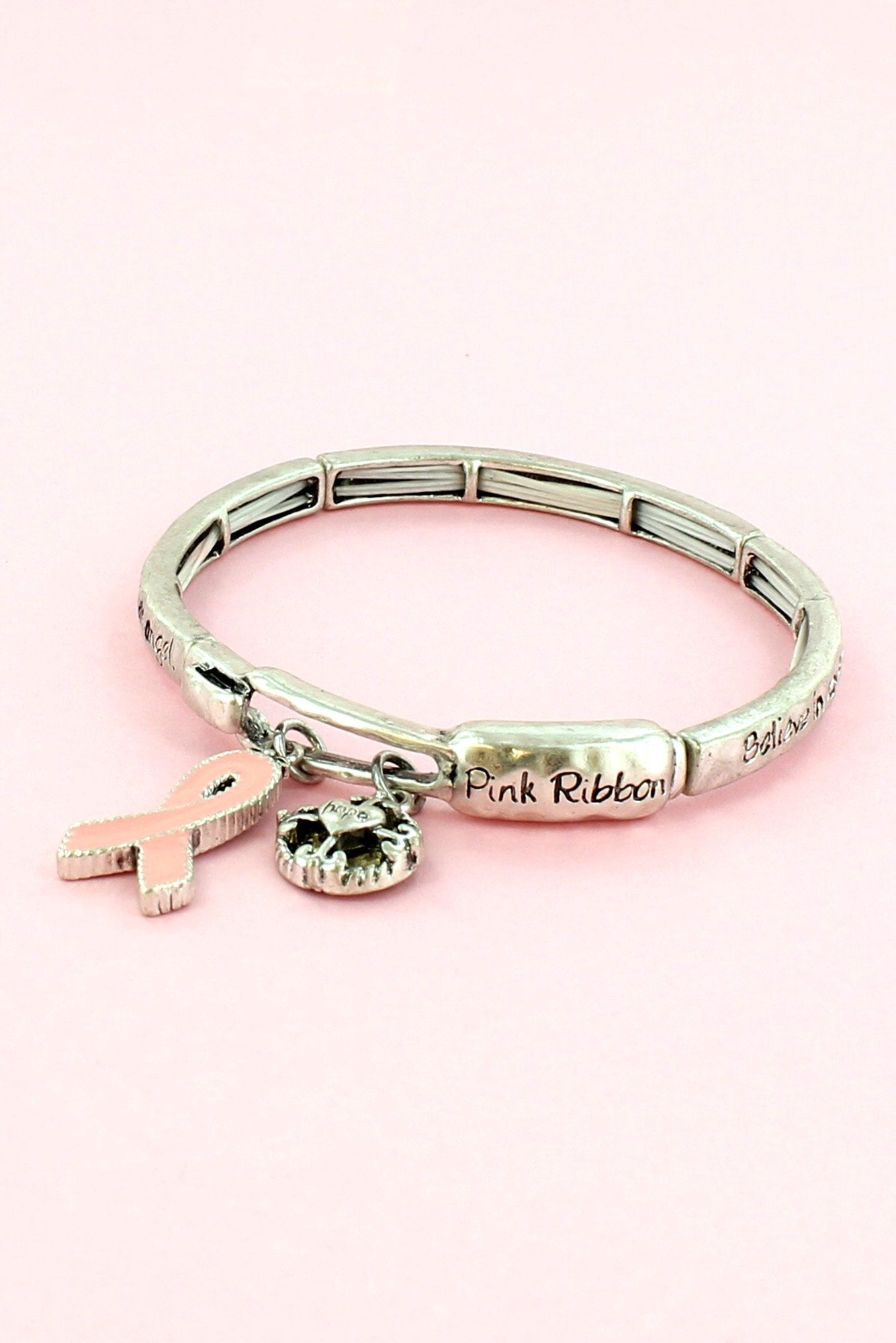 Pink Ribbon 'Inspire Hope' Two-Tone Stretch Bangle with Charms