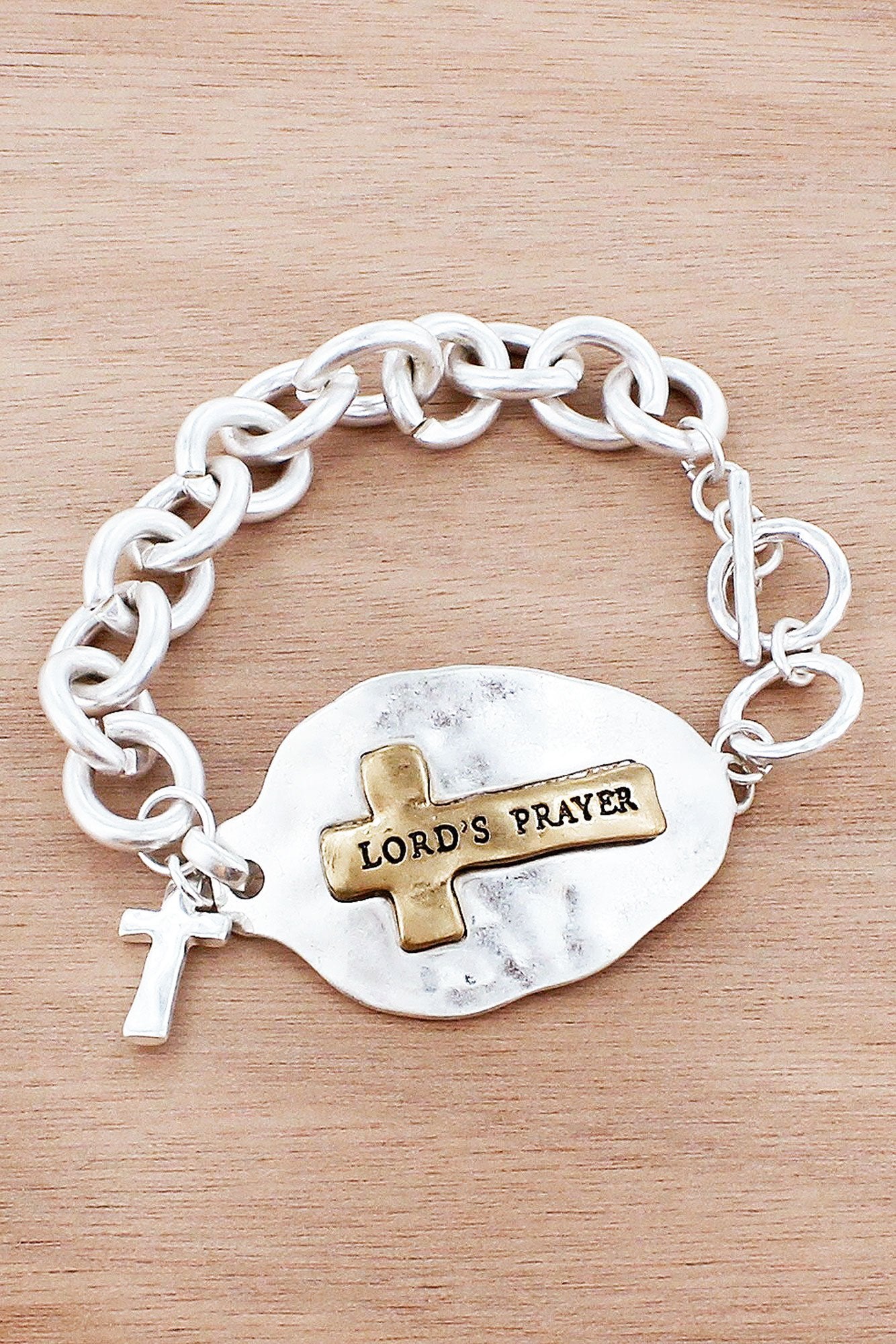 WORN TWO-TONE 'LORD'S PRAYER' CROSS ACCENTED SPOON TOGGLE BRACELET
