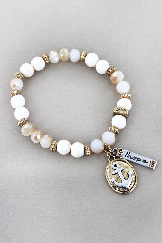 ANCHOR AND 'HOPE' CHARM IVORY BEADED BRACELET