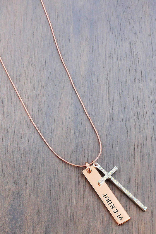 ROSE GOLDTONE JOHN 3:16 BAR AND IRIDESCENT CRYSTAL CROSS PENDANT NECKLACE