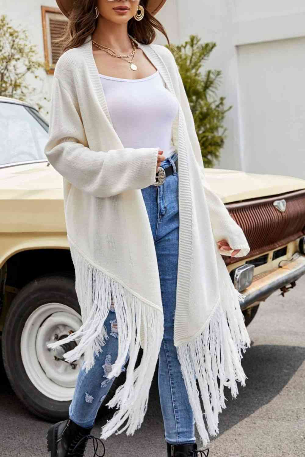 Double Take Fringe Hem Open Front Ribbed Trim Cardigan