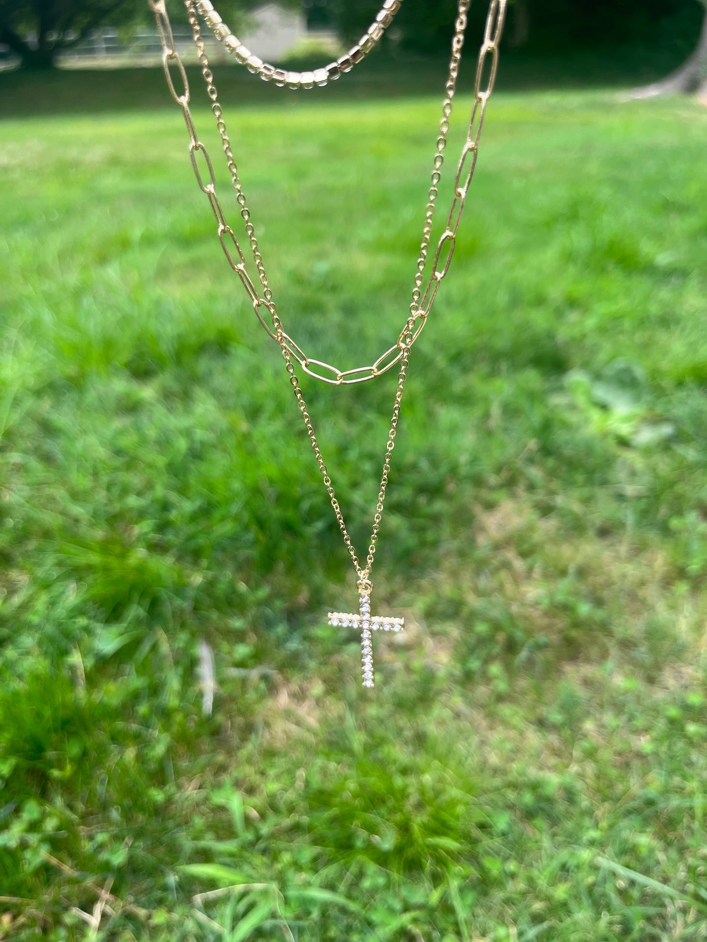 Forgiven Crystal Cross Triple Necklace Set