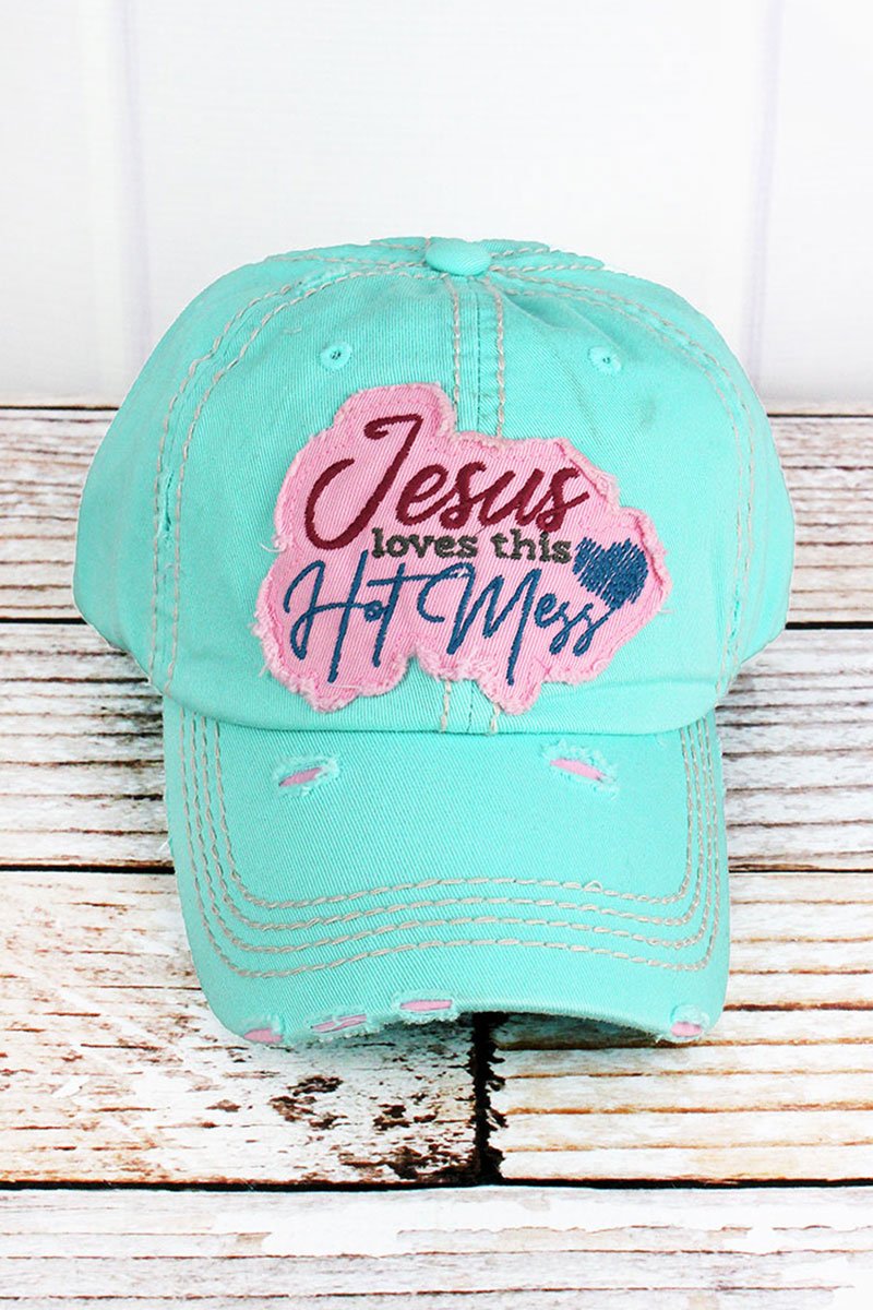 DISTRESSED MINT BLUE 'JESUS LOVES THIS HOT MESS' CAP