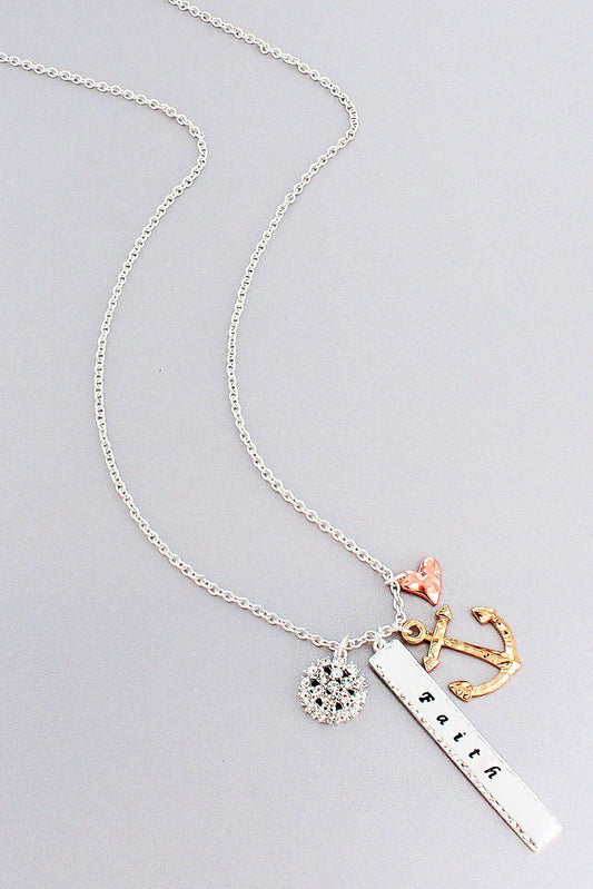Tri-Tone 'Faith' Bar and Anchor Cluster Pendant Necklace