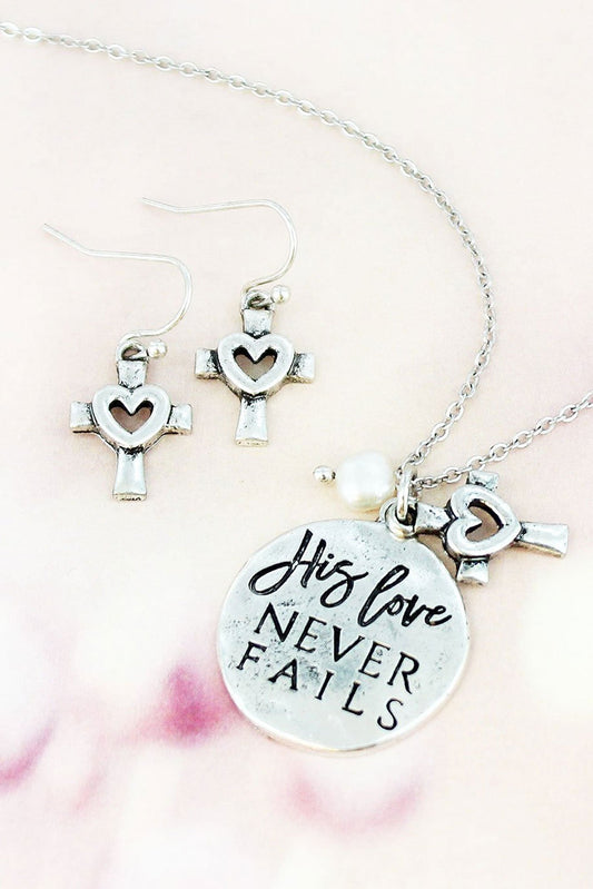 BURNISHED SILVERTONE 'HIS LOVE NEVER FAILS' NECKLACE AND EARRING SET