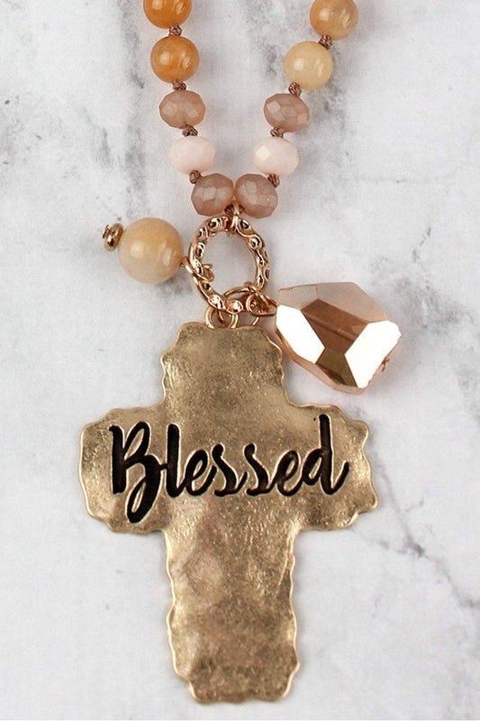 WORN GOLDTONE 'BLESSED' CROSS BEADED NECKLACE AND EARRING SET