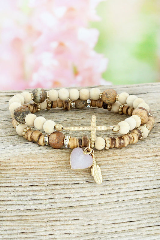 WOOD AND PICTURE JASPER BEADED HEART & CROSS CHARM BRACELET SET