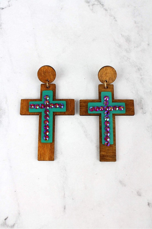 LIGHT BROWN AND TURQUOISE WOOD WITH CRYSTALS LAYERED CROSS EARRING